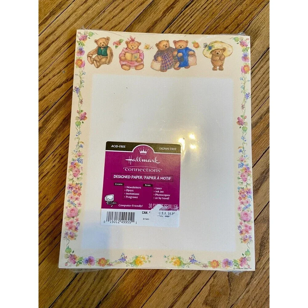 VTG 90s Hallmark Connections Teddy Bear Floral Computer Paper Stationery NEW 30